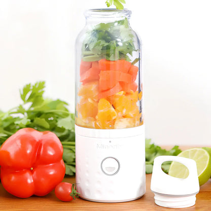 Blue portable blending cup with USB charging cable and 500ml capacity measurement