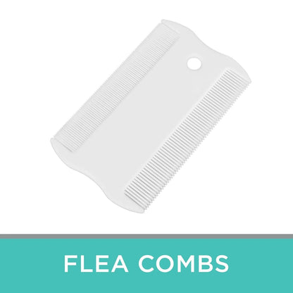 Double-sided plastic flea comb for pets showing dense teeth and 5 cm length for dog and cat grooming