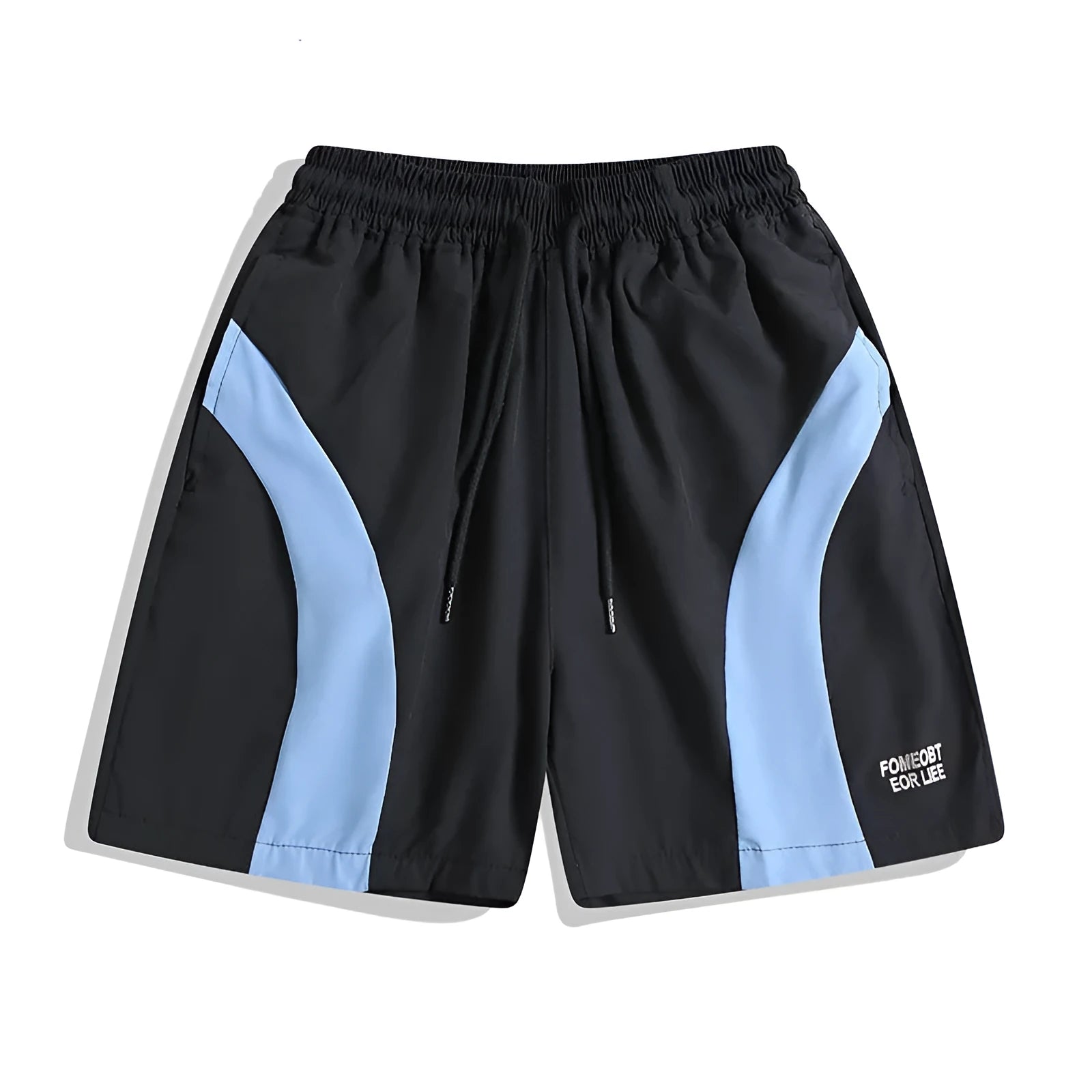 Men's black loose-fit quick-dry sports shorts with elastic waist, shown above the knee.