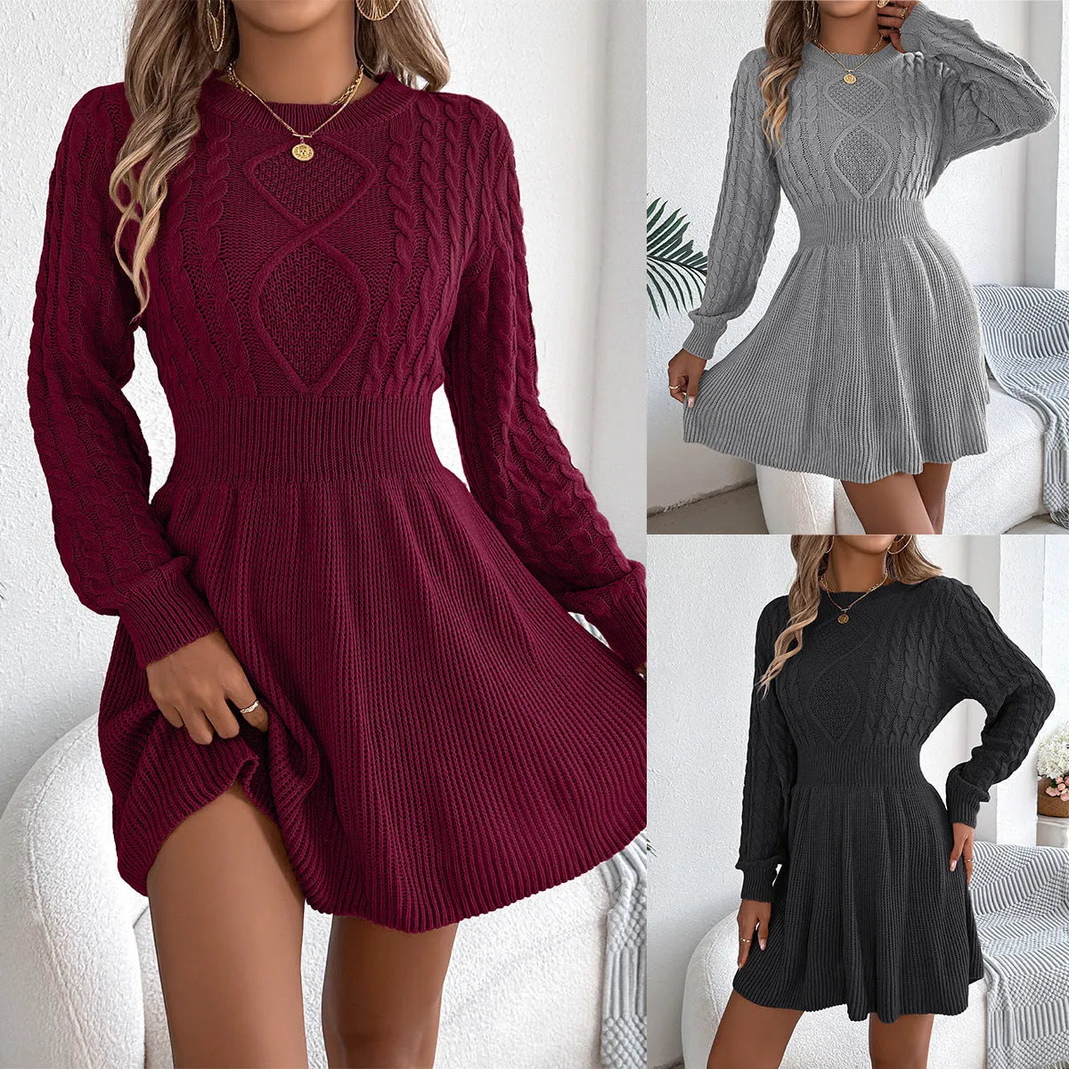 Lantern sleeve sweater dress with elastic waist in solid colour