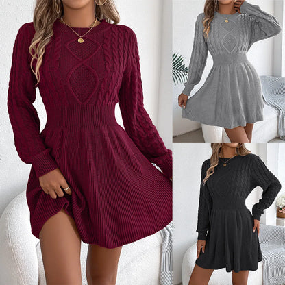 Lantern sleeve sweater dress with elastic waist in solid colour