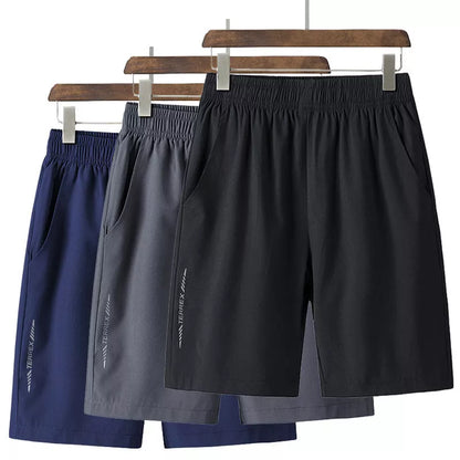 Men's Five-point Sports Shorts in quick-drying cotton, available in gray, black, and blue