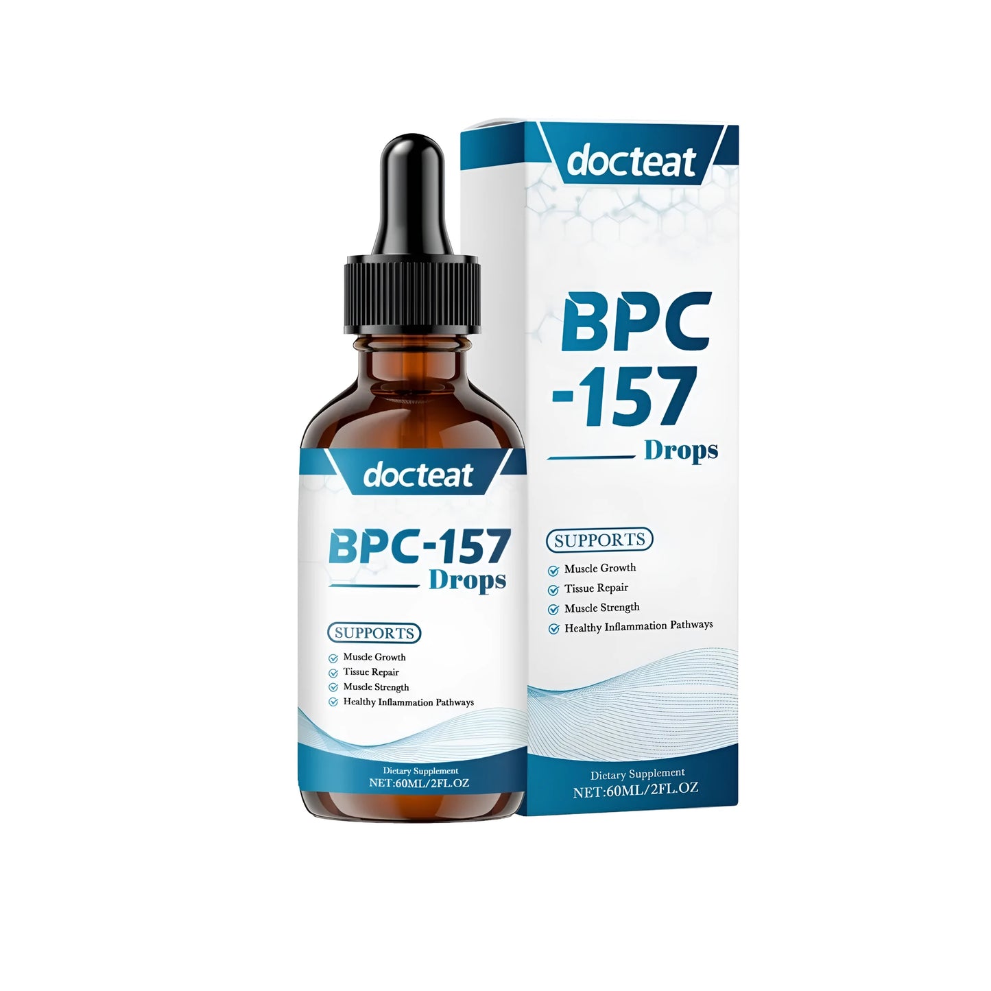 60ml bottle of muscle recovery energy supplement drops with dropper
