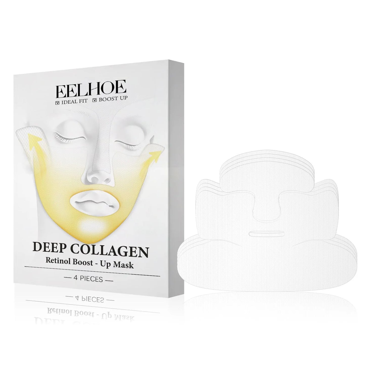 Four collagen tightening facial masks from a pack, showing sheet mask size