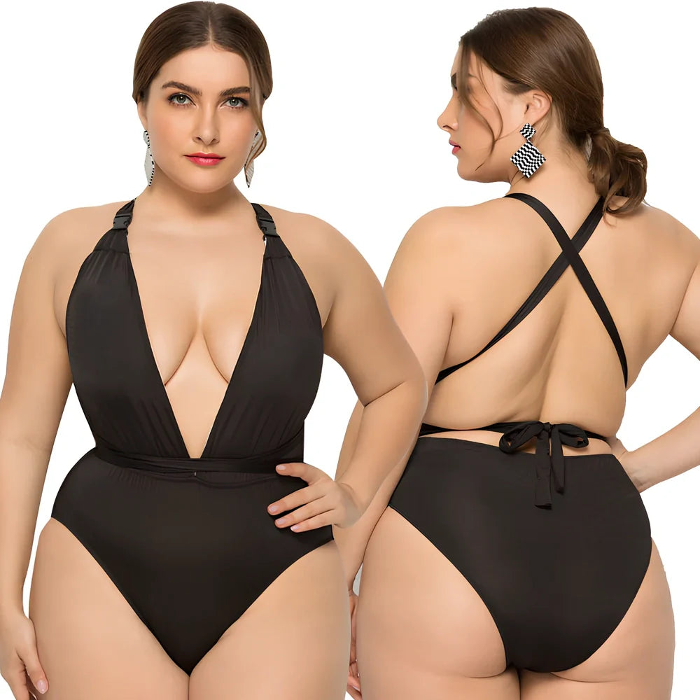 Black plus size one-piece swimsuit with backless high-elasticity design for swimming, sizes 2XL-5XL, 170g polyester-spandex blend