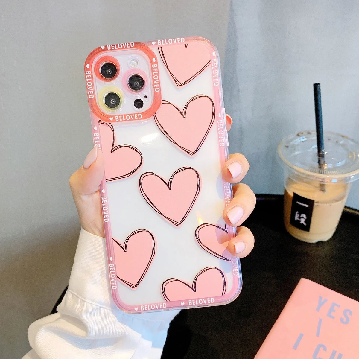 Pink and red love heart design TPU back cover case for compatible iPhone models.