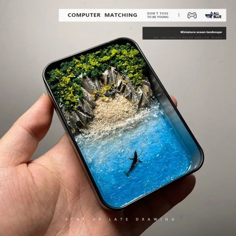 DIY bamboo marine landscape handmade model ornament with whales and sand details, approximately 15-20cm long