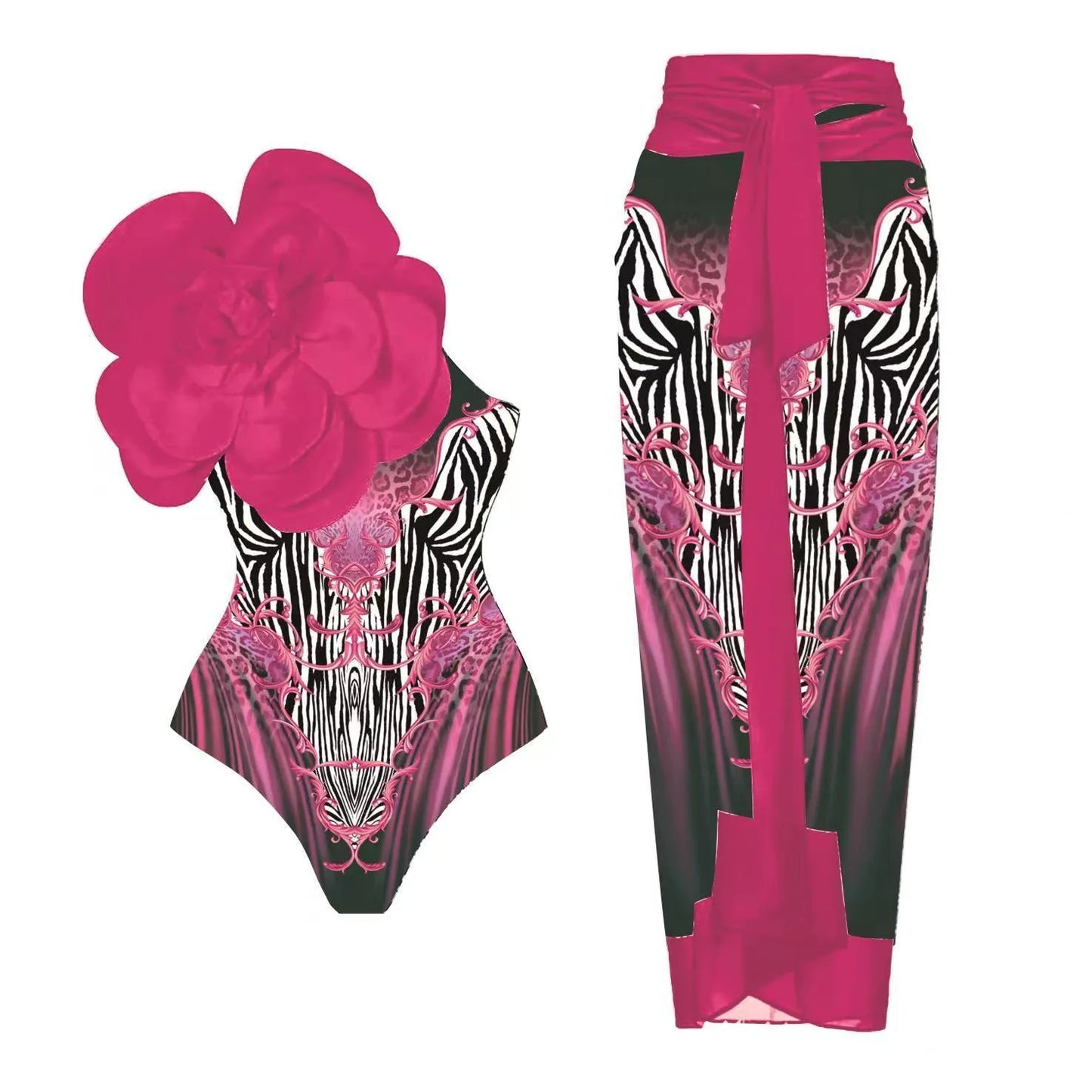 Women's polyester one-piece swimsuit in floral print with wrap skirt styling option
