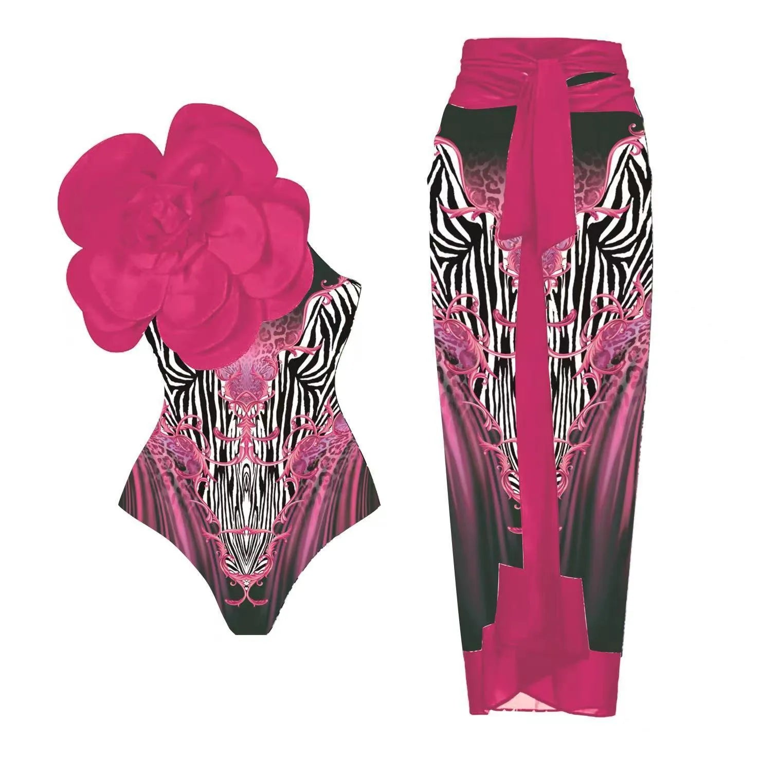 Women's polyester one-piece swimsuit in floral print with wrap skirt styling option