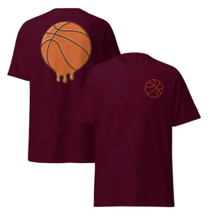 Men's maroon short-sleeved T-shirt with a ball pattern, made from thin polyester mesh fabric.