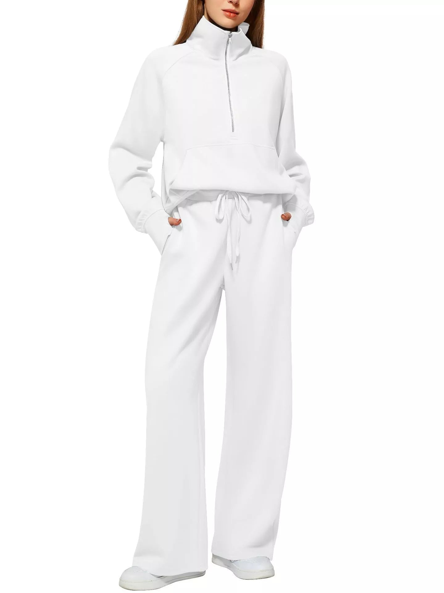 Women's solid color long-sleeved sweater trousers suit in polyester, available in multiple colors