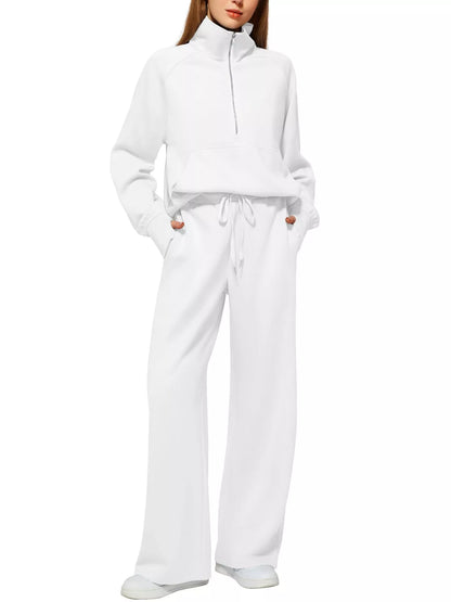 Women's solid color long-sleeved sweater trousers suit in polyester, available in multiple colors