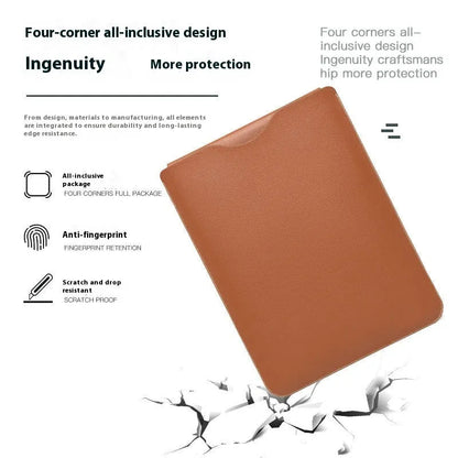 Four-piece set of imitation leather laptop edge protective covers in brown, grey, apricot, and light pink colours