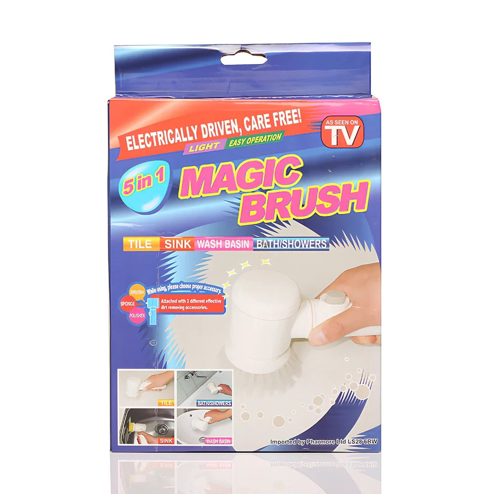 Electric cleaning brush with five interchangeable heads for kitchen and bathroom cleaning tasks