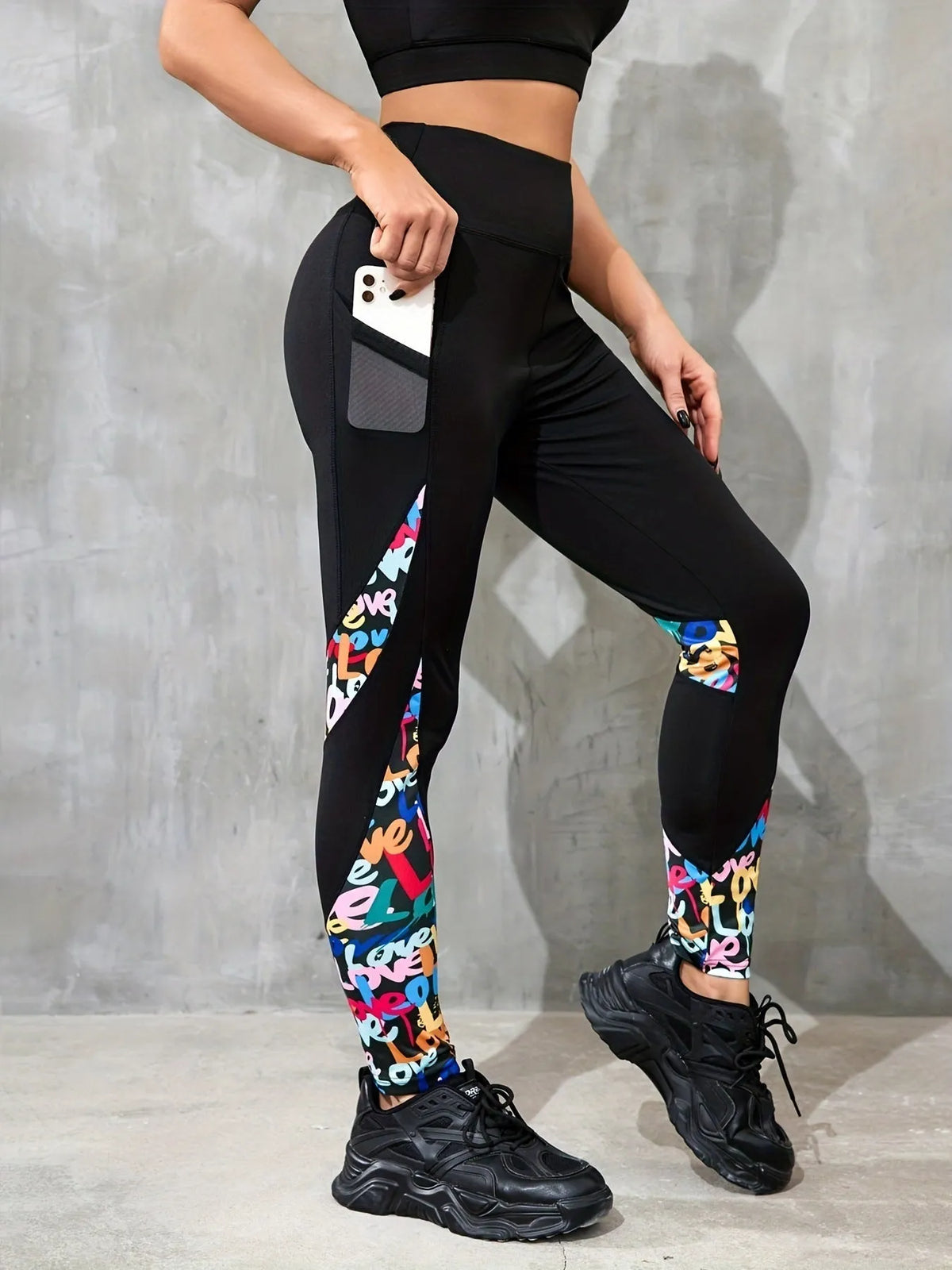 Women's polyester yoga leggings with high-waist design and contrast patchwork patterns in various animal print styles