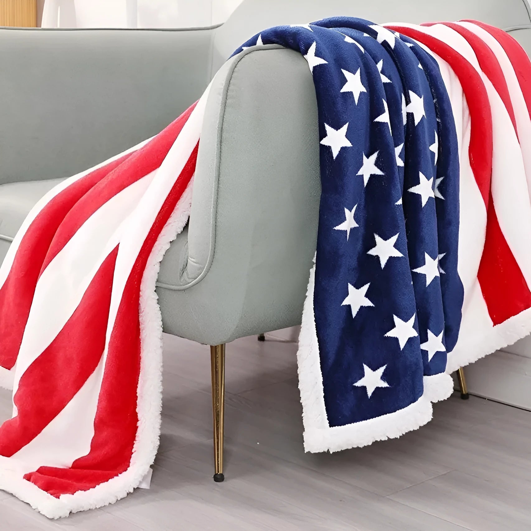 Striped American style polyester blanket showing three size options.
