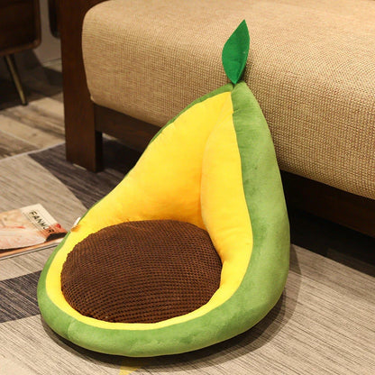 Adorable plush fruit-shaped pillows in various vibrant designs like cactus, avocado, and carrot for cozy home decor