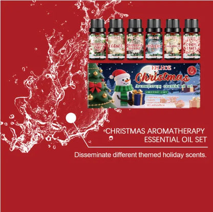 Christmas aromatherapy oil set showing six 60ml bottles with festive packaging for home fragrance