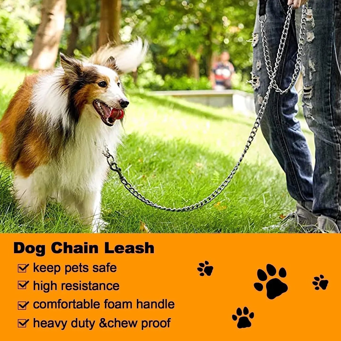 Heavy duty metal dog leash with chew-proof chain and soft padded handle in black, blue, or red colours