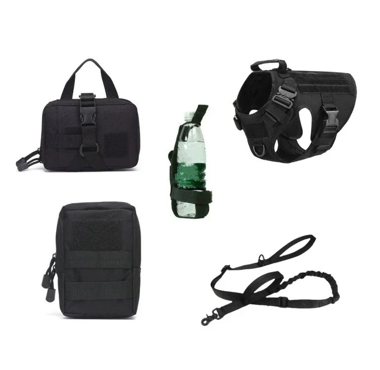 Durable tactical dog harness with reinforced top handle, multiple customizable panels, and leash set for outdoor activities and training