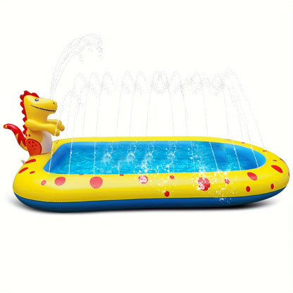 Blue dinosaur inflatable water spray pool measuring 170cm long for children's outdoor play