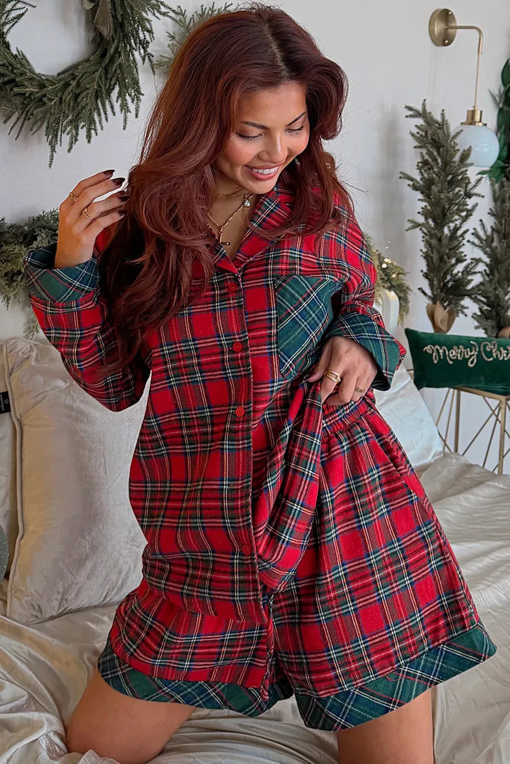Red plaid Christmas pyjama set with contrast patches on shirt and shorts