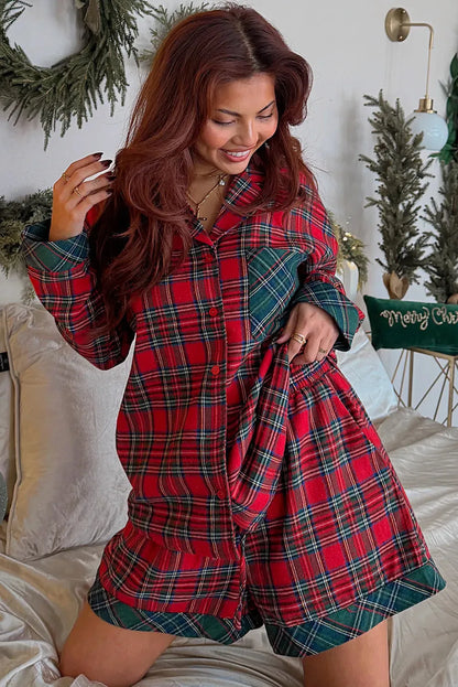 Red plaid Christmas pyjama set with contrast patches on shirt and shorts