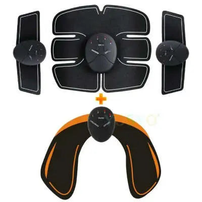 Compact EMS muscle stimulator unit with remote control and gel pads for abdominal and buttock toning.