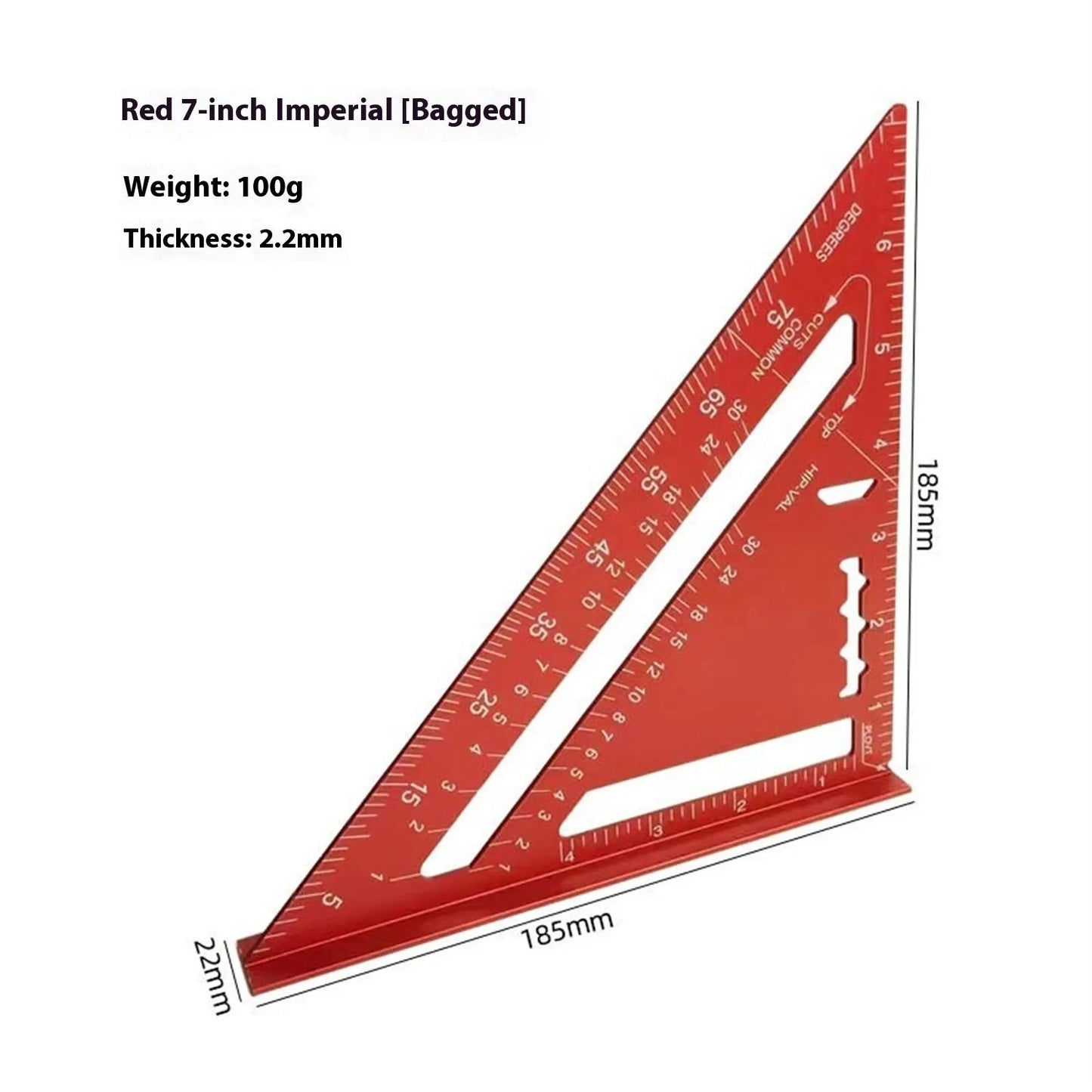 Two red thin 7-inch metal combination angle rulers with metric markings on a surface.