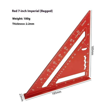 Two red thin 7-inch metal combination angle rulers with metric markings on a surface.
