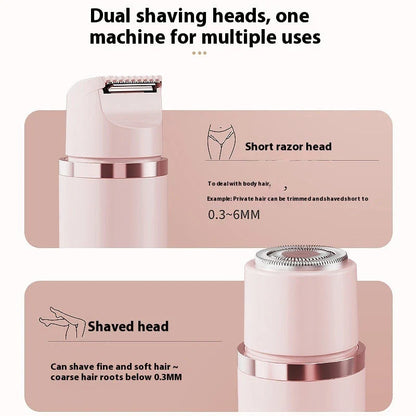 Dual-head electric razor for painless, mess-free hair removal on the face, underarms, bikini line, and legs