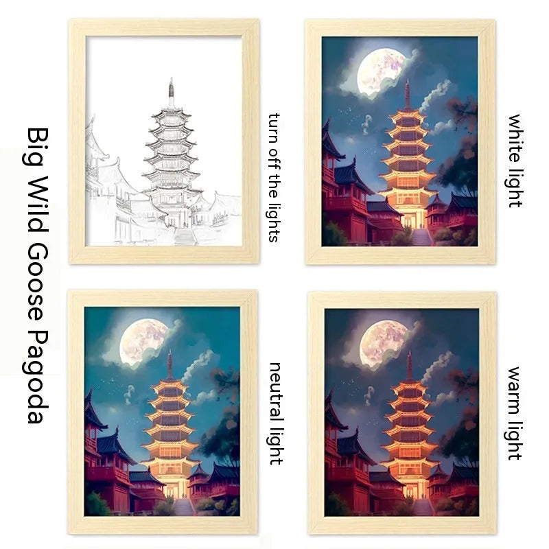 USB-powered LED picture frame night light displaying landscape artwork in modern plastic frame