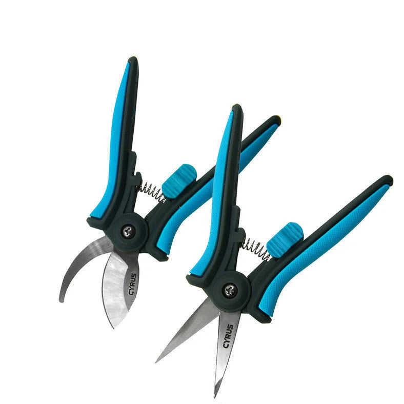 Bonsai pruning shears with 18cm stainless steel blades showing scimitar and straight knife designs