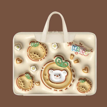 PU leather inflatable laptop bag with strap, shown in a cartoon pattern design, hanging from a suitcase handle.