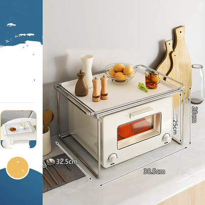 Korean style iron microwave shelf with plating finish and storage tray for kitchen organisation