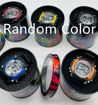 Digital sports watch for children with silicone strap, plastic case, and mixed colour display