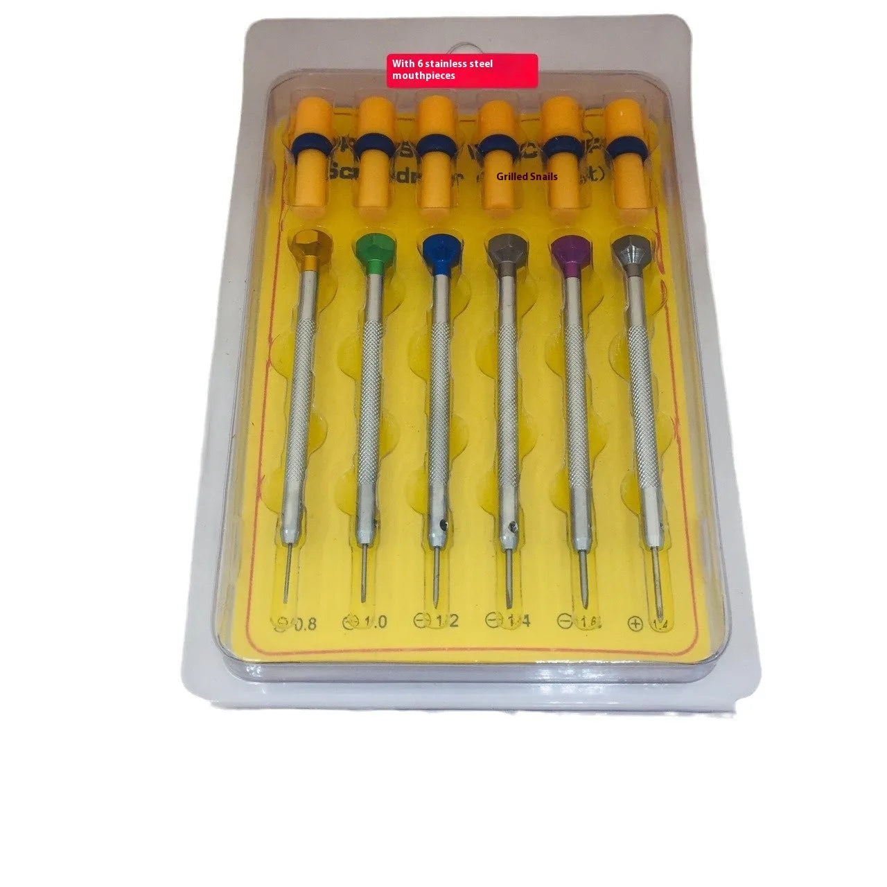 Watch repair tool screwdriver set with 6 colour-coded aluminium handles for precise watch maintenance