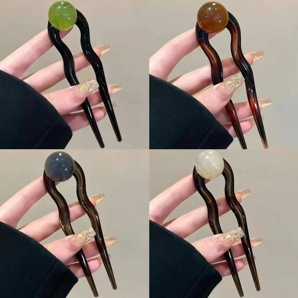 Acrylic U-shaped hair barrette with retro ball design in caramel colour