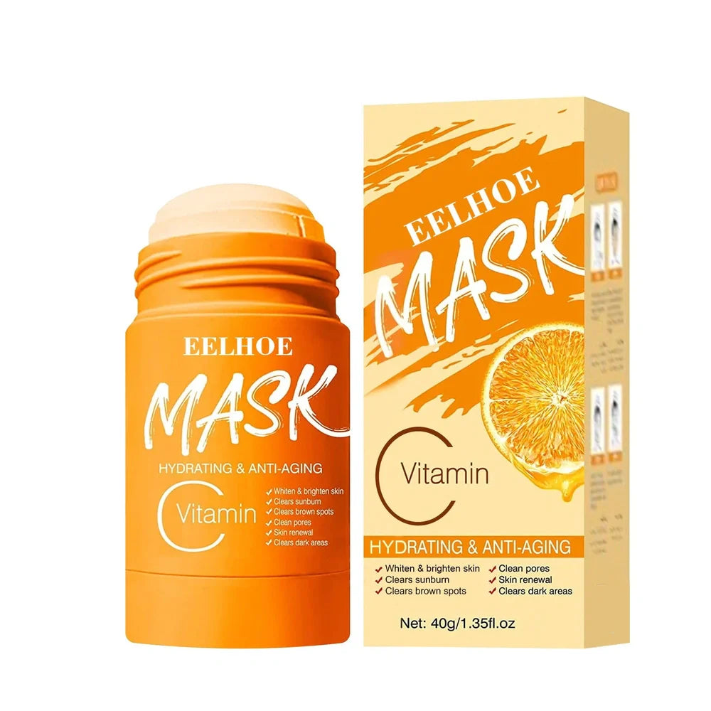 Rotating head face mask stick showing charcoal and Vitamin C solid clay formulations