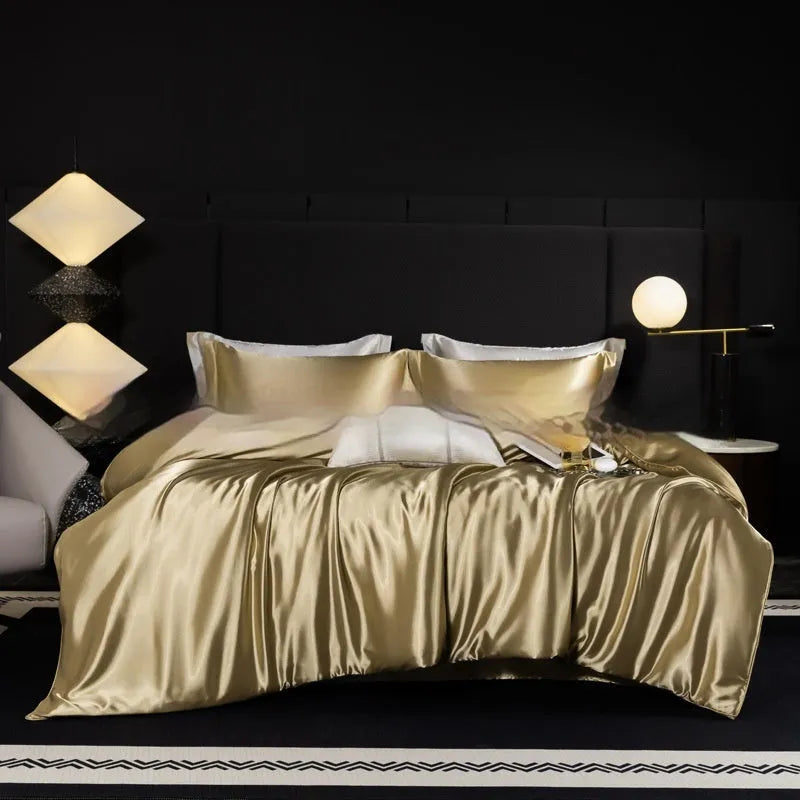 Household Fashion 100% silk bed sheet four-piece set in seven colour options showing fitted sheet, flat sheet and pillowcases