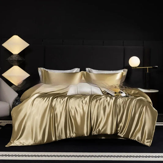 Household Fashion 100% silk bed sheet four-piece set in seven colour options showing fitted sheet, flat sheet and pillowcases