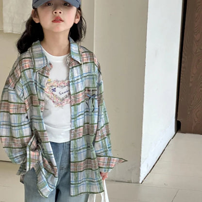 Blue plaid shirt for girls with long sleeves, suitable for spring and autumn wear