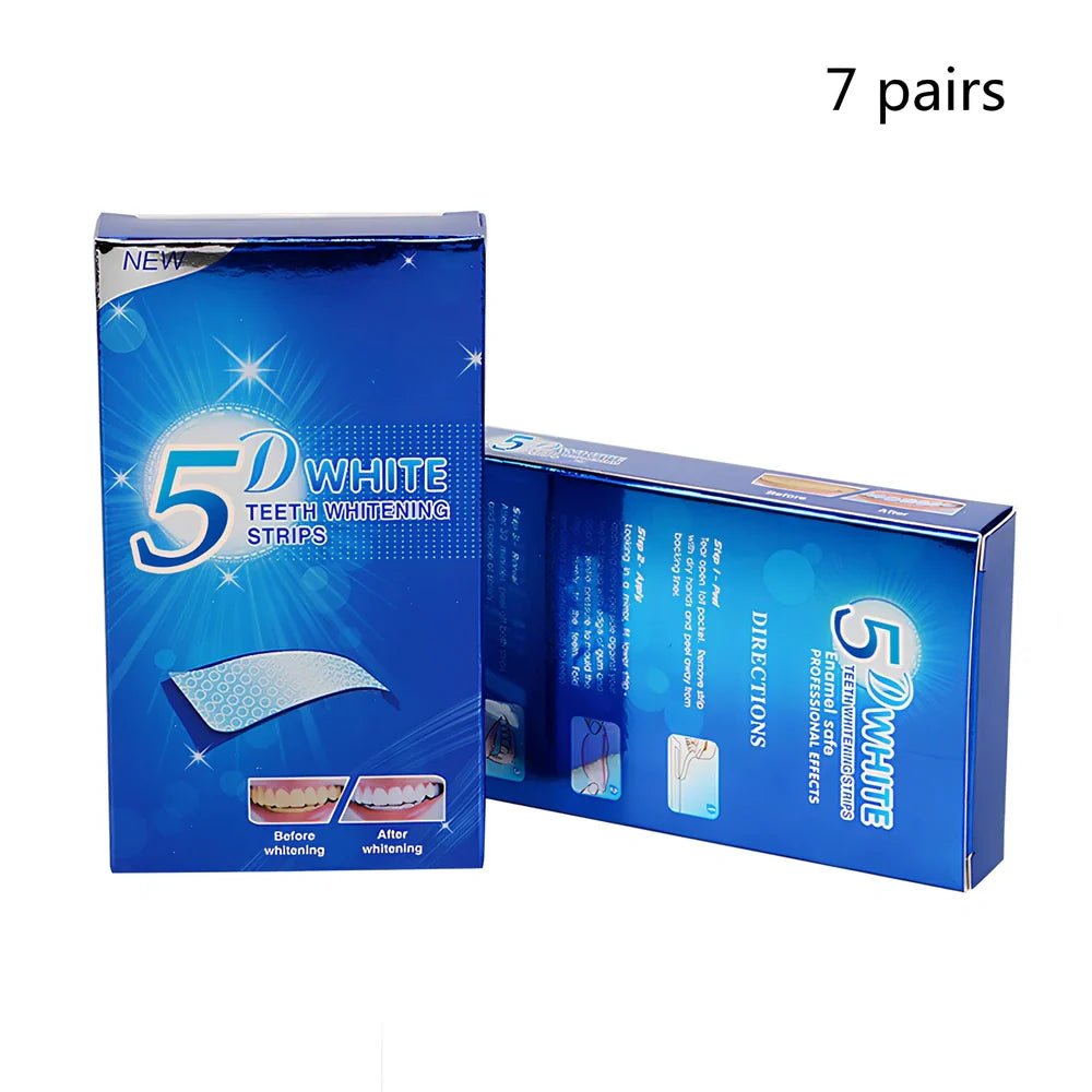 5D Gel Teeth Whitening Strips package showing flexible strips that mould to teeth with no-slip grip