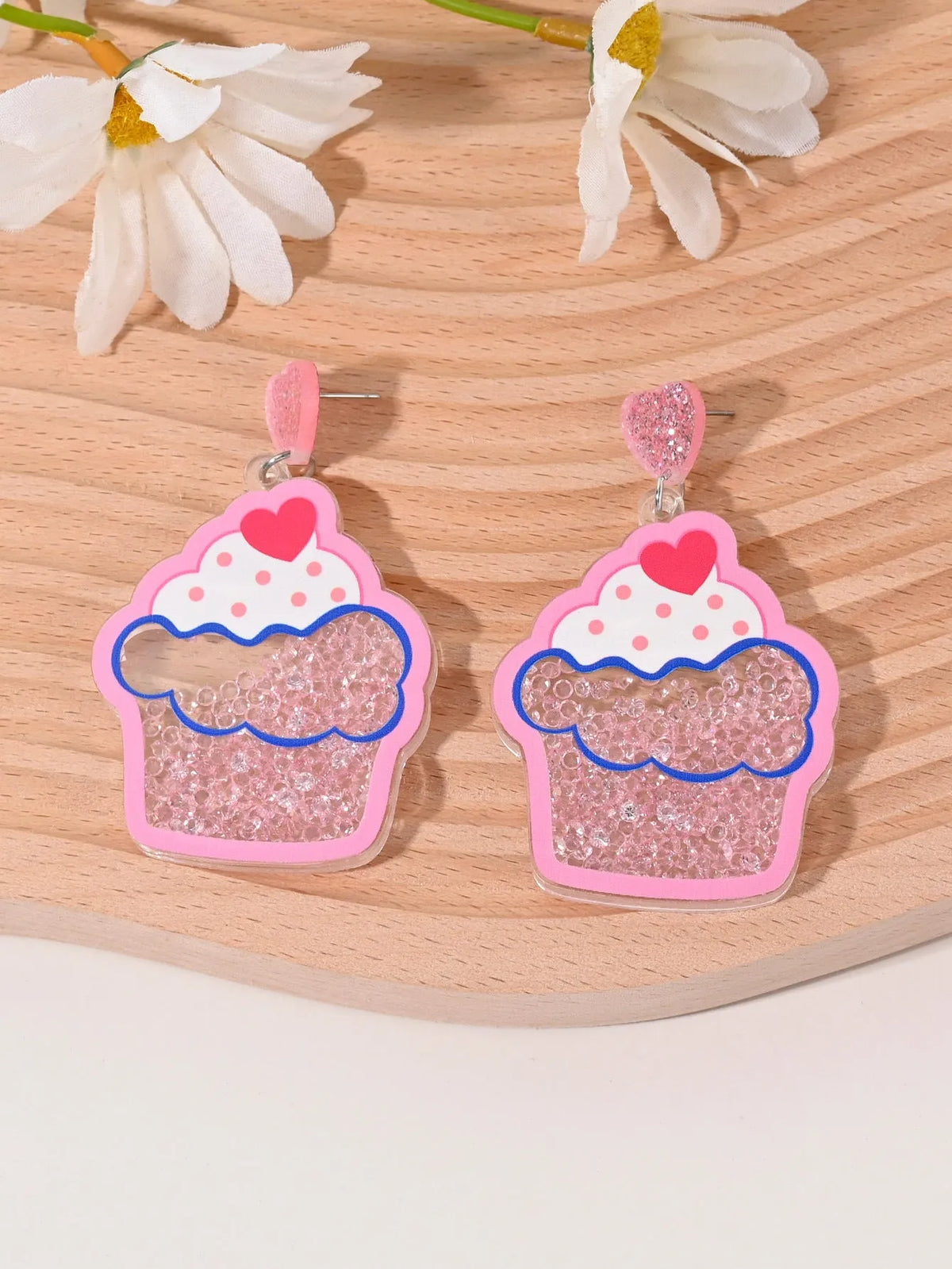 Colourful acrylic earrings with fruit and dessert designs including cherry, strawberry, watermelon, pineapple, coconut, cake and ice cream motifs