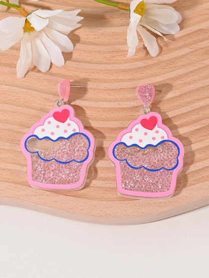 Colourful acrylic earrings with fruit and dessert designs including cherry, strawberry, watermelon, pineapple, coconut, cake and ice cream motifs