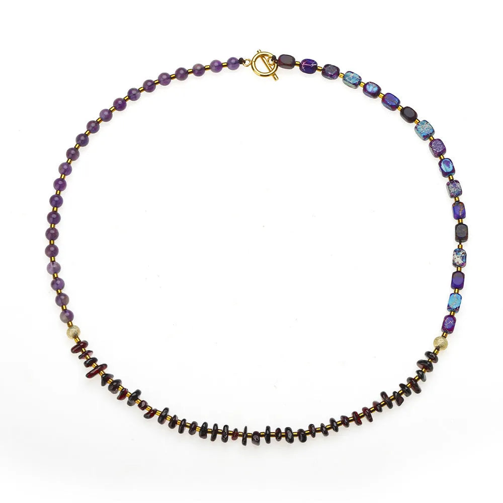 Geometric garnet and amethyst stone bead bracelet with manual craftsmanship texture