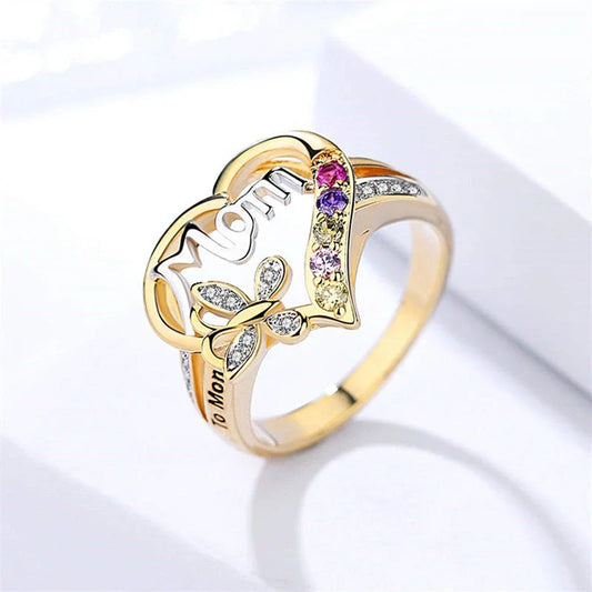 Elegant gold-plated heart-shaped ring with multi-colored rhinestone embellishments, a thoughtful Mother's Day gift