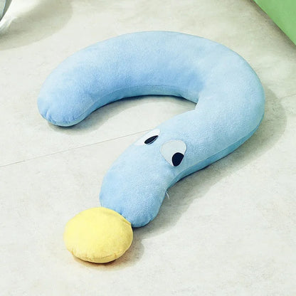 Blue rectangular pet bed cushion pad on a wooden floor.
