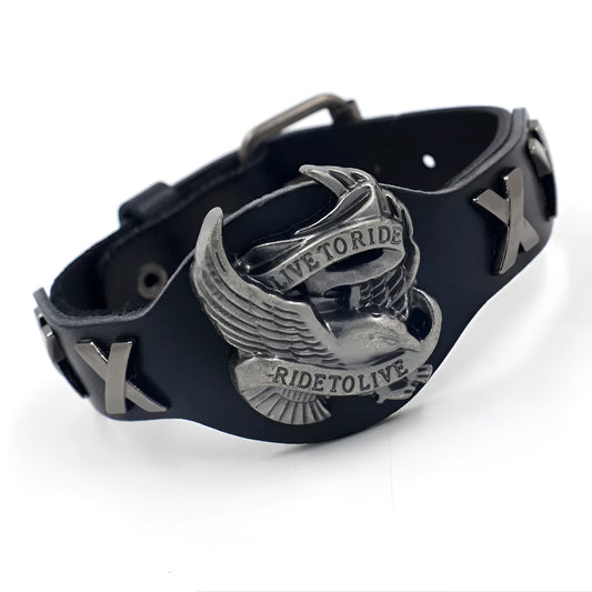 Black geometric leather bracelet with an alloy eagle watch-button style closure.