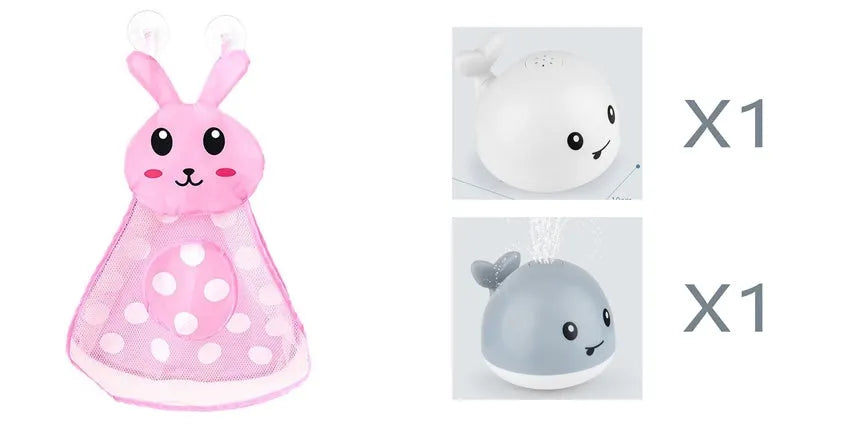 Automatic water-spraying whale bath toy with colourful lights floating in bath water.